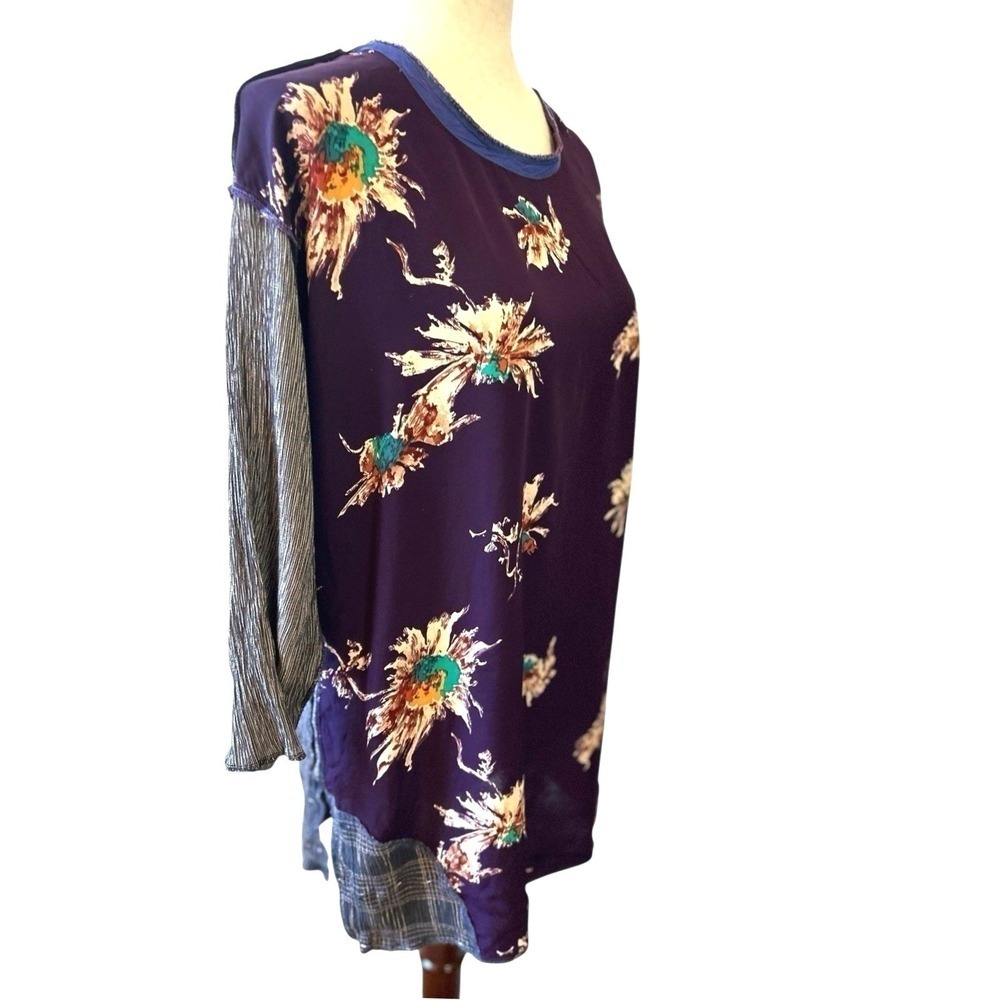 Nothing Matches Mixed Media Tunic Blouse Purple Floral M/L Casual Artsy Fall